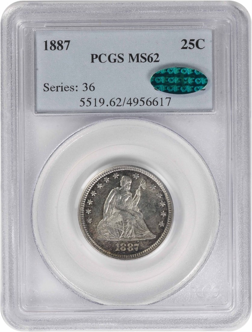 1887 Liberty Seated Silver Quarter MS62 PCGS (CAC): 1887 Liberty Seated Silver Quarter MS62 PCGS (CAC) The 1887 Liberty Seated Silver Quarter MS62 PCGS is a highly detailed and intricately designed coin featuring Seated Liberty on its obverse, with the