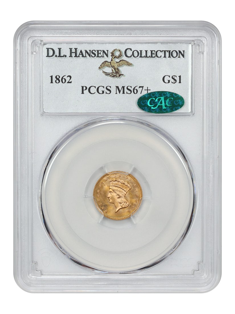 1862 G$1 PCGS/ CAC MS67+ ex: D.L. Hansen: 1862 G$1 PCGS/ CAC MS67+ ex: D.L. Hansen The 1862 G$1 coin, graded MS67+ by PCGS and CAC, boasts exceptional condition with its uncirculated state. This rare gold dollar features the Philadelphia Mint