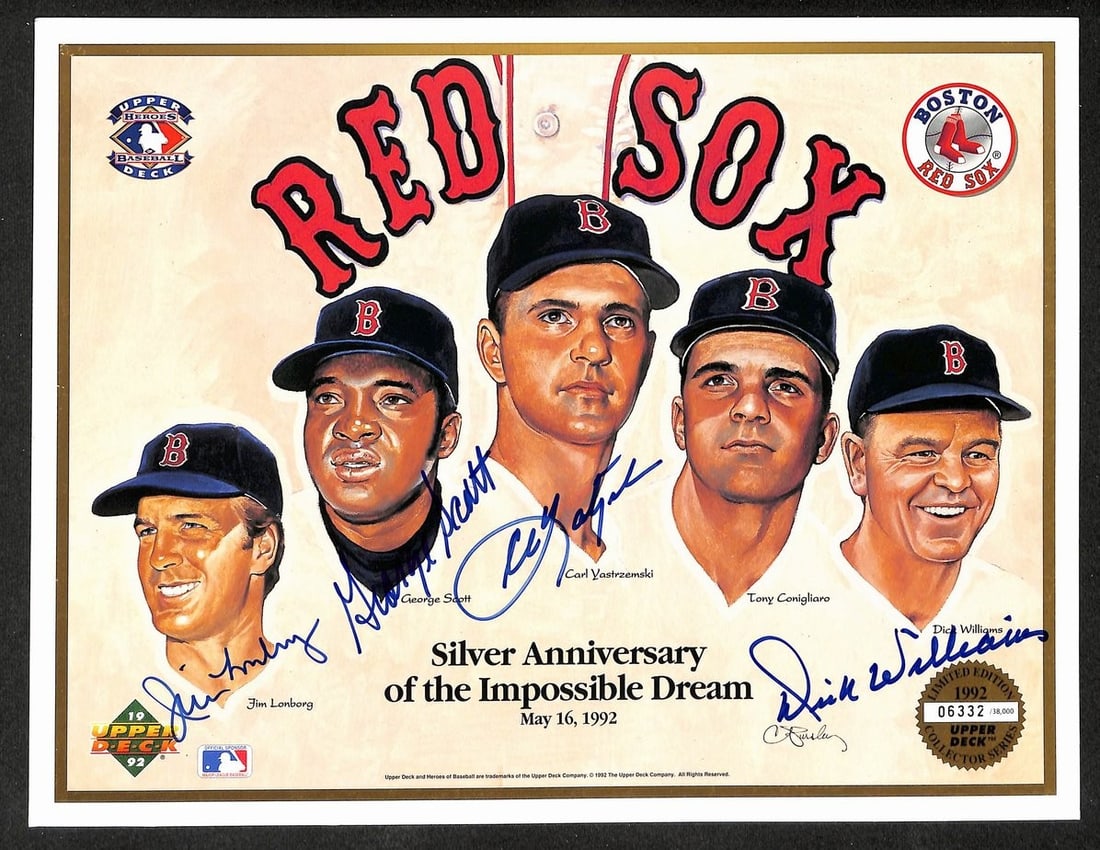 Boston Red Sox Silver Anniversary 8.5x11 Card Signed by (4) Players UDA 209874 (1 of 1)