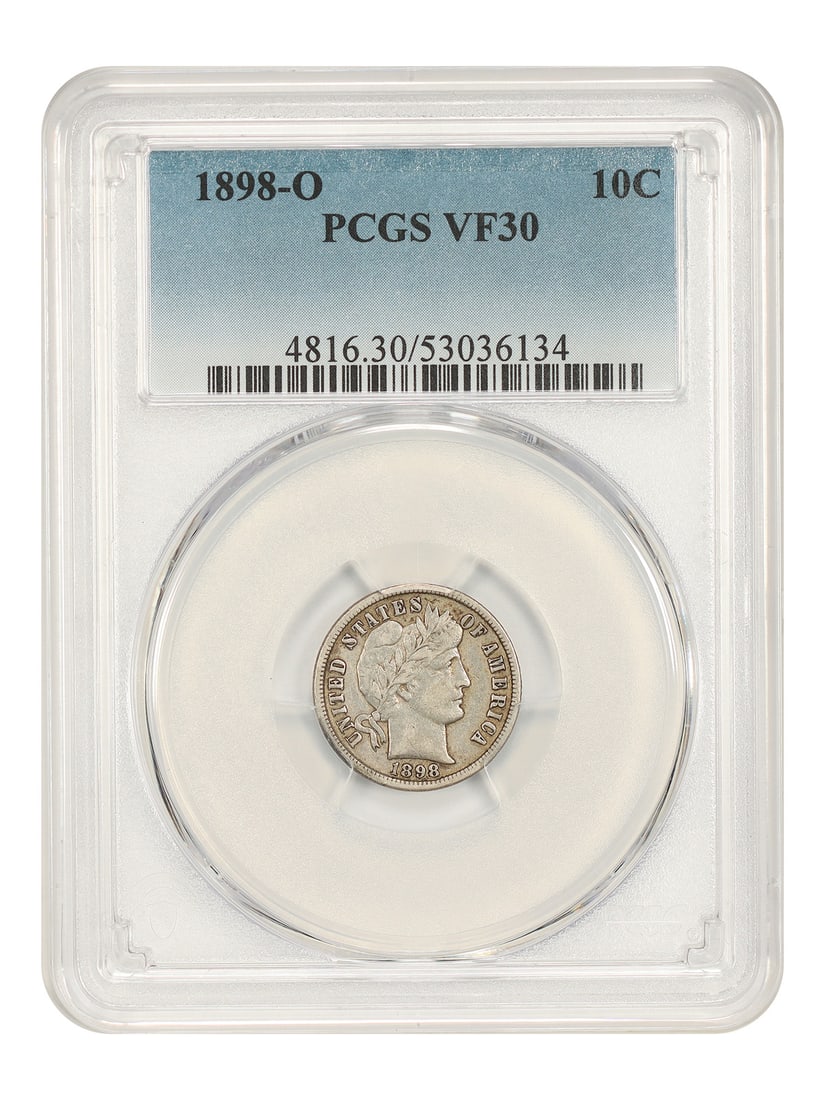 PCGS VF30 Barber Dime 1898 O 10C - Better Date O Mint: PCGS VF30 Barber Dime 1898 O 10C - Better Date O Mint The PCGS VF30 Barber Dime 1898 O 10C - Better Date O Mint features a circulated condition with notable details from its minting history. This coin