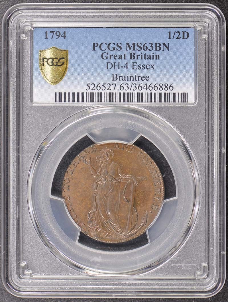 1794 G.BRIT D&H-4 ESSEX BRAINTREE 1/ 2P PCGS MS63BN: 1794 G.BRIT D&H-4 ESSEX BRAINTREE 1/ 2P PCGS MS63BN The 1794 G.BRIT D&H-4 ESSEX BRAINTREE 1/2P PCGS MS63BN is an uncirculated half penny coin from the British era, certified by the Professional Coin G