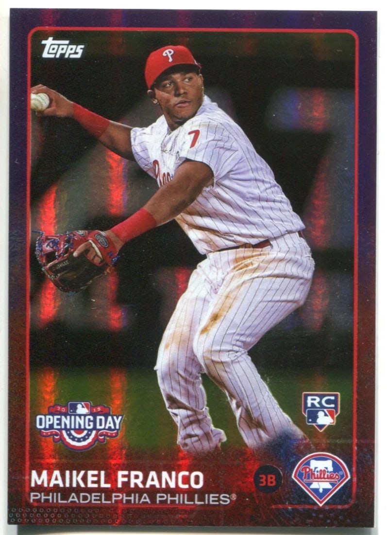 Purple Refractor Card Rookie Maikel Franco Topps Opening Day 2015: Purple Refractor Card Rookie Maikel Franco Topps Opening Day 2015 Maikel Franco's 2015 Topps Opening Day Purple Refractor Rookie Card is a highly sought-after collectible, boasting vibrant purple refr