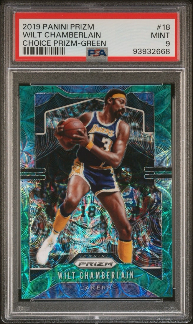 PANINI PRIZM WILT CHAMBERLAIN #18 Choice Green/ 8 PSA 9: PANINI PRIZM WILT CHAMBERLAIN #18 Choice Green/ 8 PSA 9 Wilt Chamberlain #18 Choice Green/ 8 PSA 9 Panini Prizm card features the iconic basketball legend in vibrant green Prizm print, showcasing his