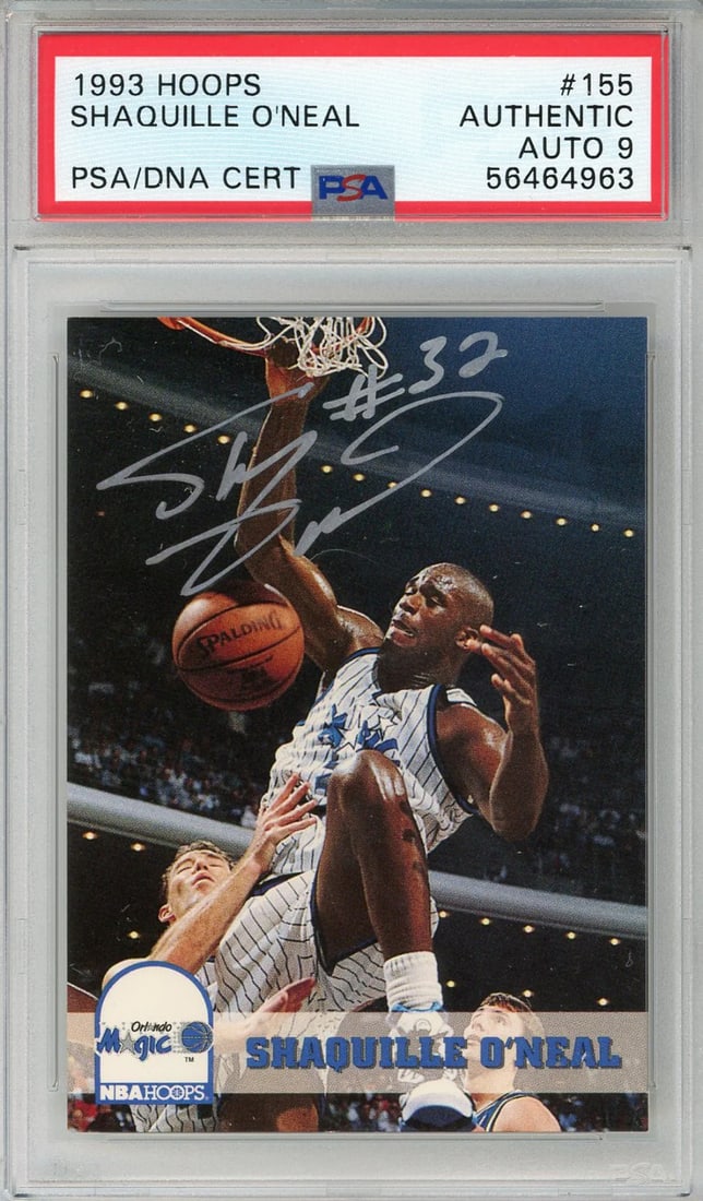 Shaquille O`Neal Autographed 1993 Hoops Rookie Card #155 (PSA Auto 9): Shaquille O`Neal Autographed 1993 Hoops Rookie Card #155 (PSA Auto 9) PSA Auto 9, #155, 1993 Hoops Rookie Card - A rare and highly graded autographed card from the NBA legend Shaquille O`Neal. This ca