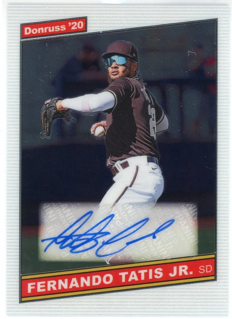 Fernando Tatis Jr. Autographed 2020 Panini Donruss Card #86S-FTJ: Fernando Tatis Jr. Autographed 2020 Panini Donruss Card #86S-FTJ Factory signed in blue sharpie across the front of the card, Fernando Tatis Jr. Autographed 2020 Panini Donruss Card #86S-FTJ features 