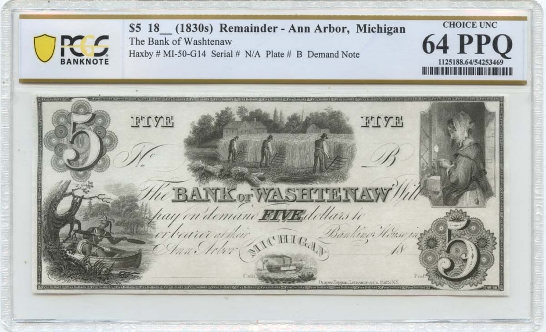 1830s $5 Ann Arbor, Michigan Obsolete Note Bank of Washtenaw PCGS CU64 PPQ (1 of 1)