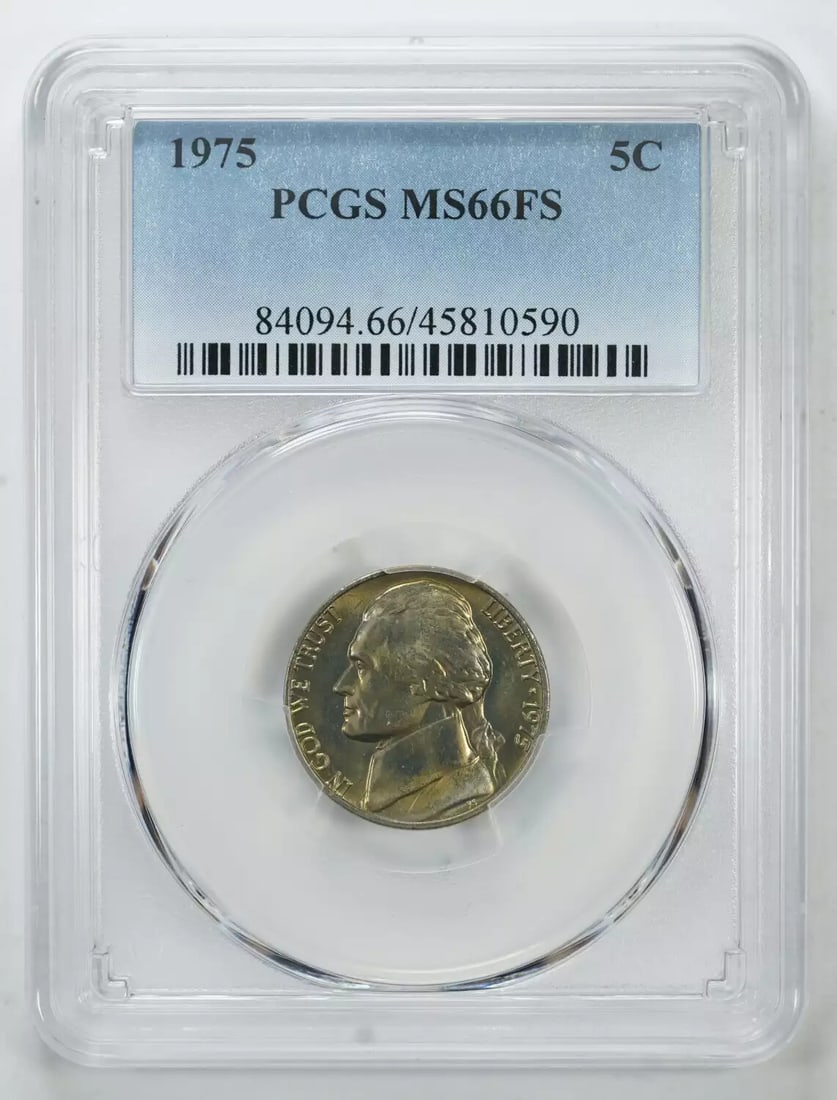 1975 JEFFERSON NICKEL 5C PCGS MS 66 FS MINT STATE UNC - FULL STEPS (590): 1975 JEFFERSON NICKEL 5C PCGS MS 66 FS MINT STATE UNC - FULL STEPS (590) MS 66 PCGS certification, indicating an exceptionally high level of preservation and detail. This 1975 Jefferson Nickel is a tr