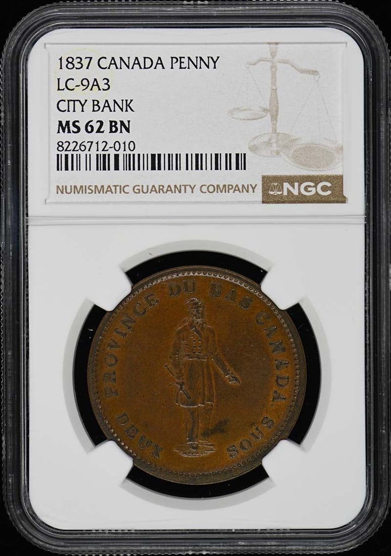 PENNY MS62BN NGC CITY BANK 1837 CANADA (1 of 1)