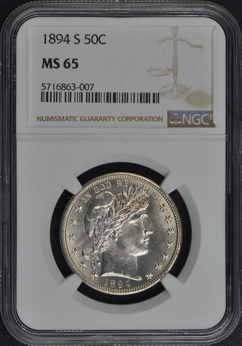 1894-S Barber Half Dollar 50C NGC MS65: 1894-S Barber Half Dollar 50C NGC MS65 The 1894-S Barber Half Dollar is a highly sought-after coin, featuring the iconic design of Charles E. Barber on its obverse and an eagle on its reverse. This NG