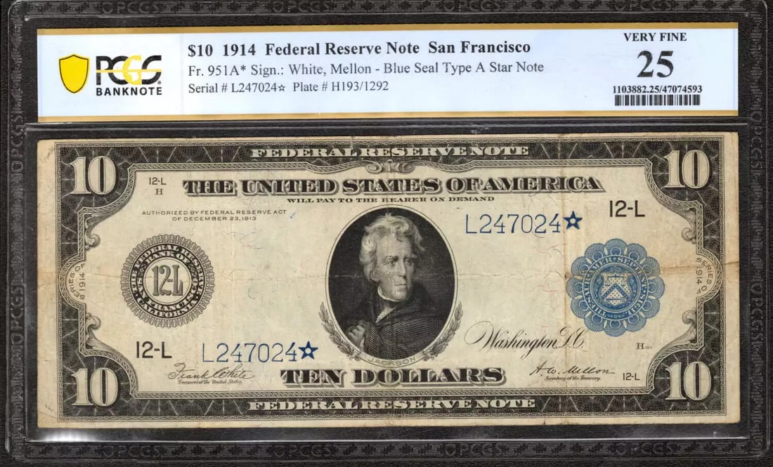 1914 $10 FEDERAL RESERVE STAR NOTE FR.951a* SAN FRANCISCO PCGS VF 25 FINE (024*): 1914 $10 FEDERAL RESERVE STAR NOTE FR.951a* SAN FRANCISCO PCGS VF 25 FINE (024*) The 1914 $10 Federal Reserve Star Note, graded VF 25 by PCGS, boasts a rich history as a circulated example from the ea