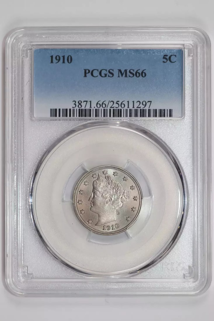 1910 LIBERTY V NICKEL PCGS MS66 VERY PQ: 1910 LIBERTY V NICKEL PCGS MS66 VERY PQ PCGS MS66 Very High Grade Liberty V Nickel, certified by the prestigious Professional Coin Grading Service (PCGS) in 1910. This exceptional coin boasts an impre