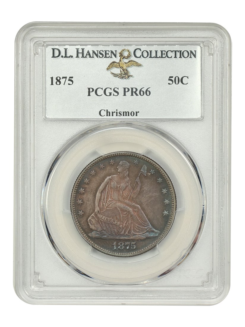 1875 50C PCGS PR66 ex: D.L. Hansen/ Chrismor: 1875 50C PCGS PR66 ex: D.L. Hansen/ Chrismor The 1875 50C PCGS PR66 ex: D.L. Hansen/ Chrismor is an uncirculated half dollar with a high grade of PR66, certified by the Professional Coin Grading Servi