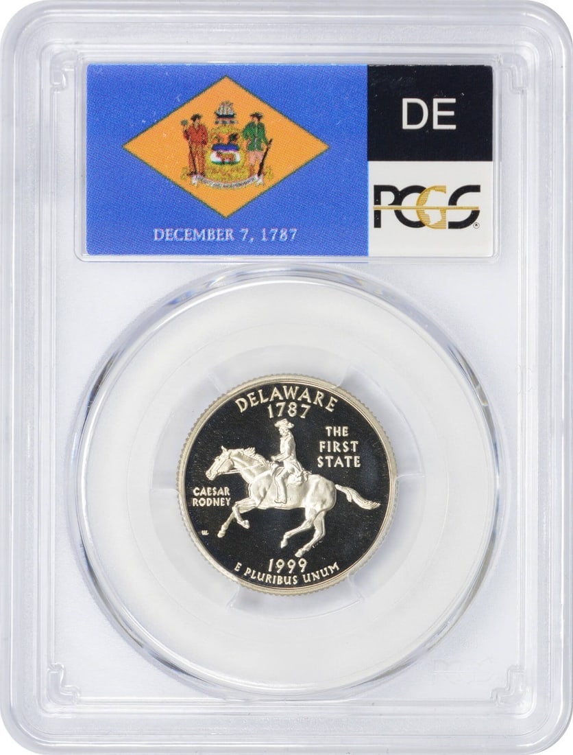 1999-S Flag Clad Delaware State Quarter DE PR70DCAM PCGS Proof 70 Deep Cameo: 1999-S Flag Clad Delaware State Quarter DE PR70DCAM PCGS Proof 70 Deep Cameo The 1999-S Flag Clad Delaware State Quarter boasts a stunning Deep Cameo finish, showcasing its intricate details in striki