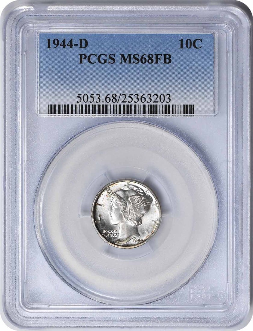 MS68FB Mercury Dime 1944-D Silver: MS68FB Mercury Dime 1944-D Silver The MS68FB Mercury Dime 1944-D Silver boasts an impressive grade of Uncirculated, with only 62,224,000 coins minted in its year. This rare coin features a striking de