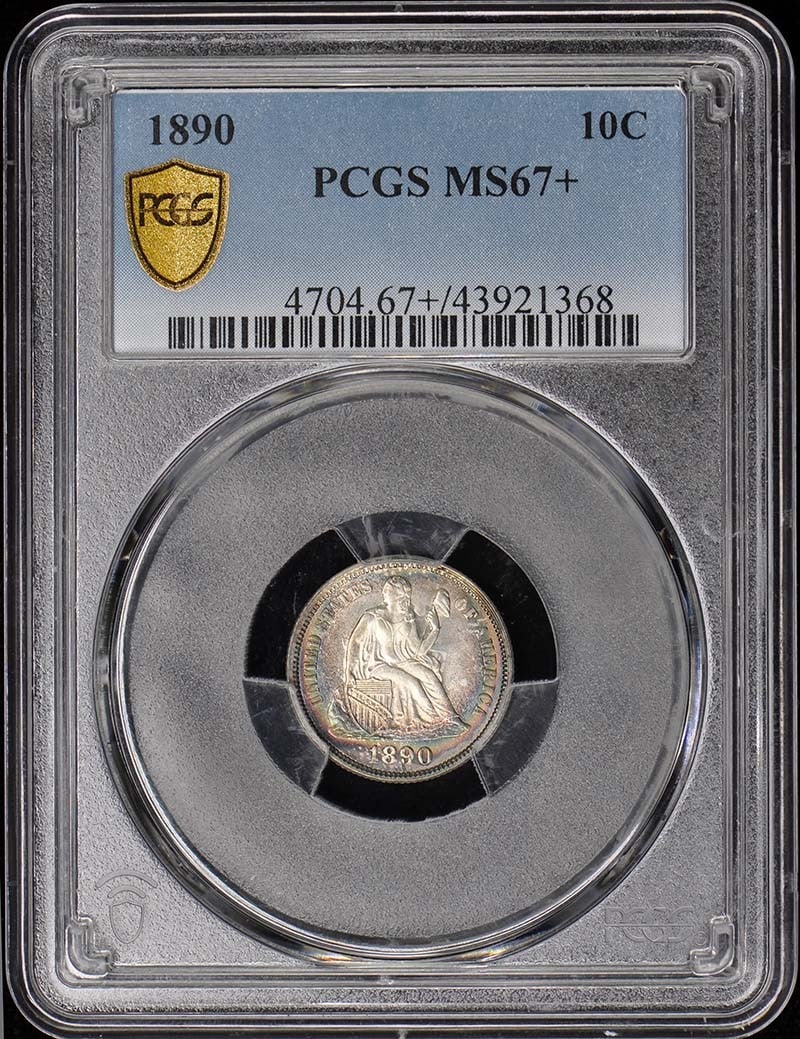 Liberty Seated Dime 10C 1890 MS67+: Liberty Seated Dime 10C 1890 MS67+ The Liberty Seated Dime 10C 1890 MS67+ is an uncirculated coin bearing the signature of its artist, Charles E. Barber. Certified by PCGS as MS67+, it showcases excep