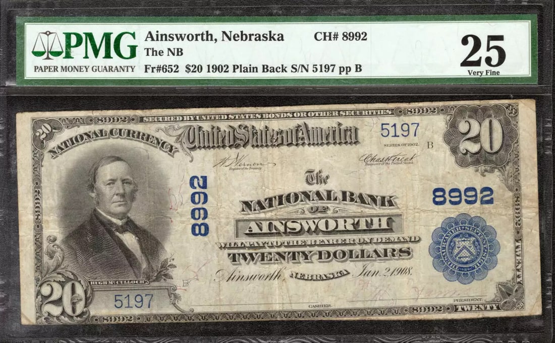 NEBRASKA 20 AINSWORTH $ PMG VF 25 VERY CURRENCY BANKNOTE 1902 NATIONAL: NEBRASKA 20 AINSWORTH $ PMG VF 25 VERY CURRENCY BANKNOTE 1902 NATIONAL PMG graded $20 bill from the 1902 series, bearing serial number 5197 and certification number 5013409-015. This circulated note f