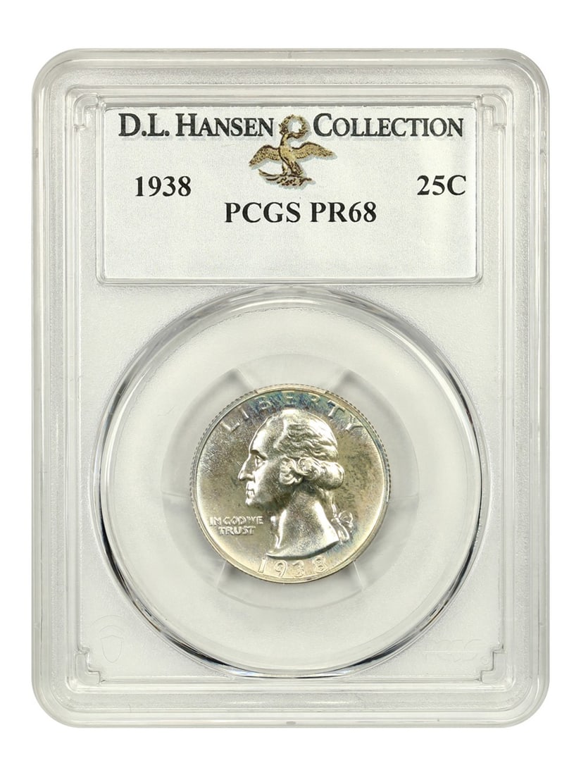 PCGS PR68 ex D.L. Hansen 1938 25c Washington Quarter: PCGS PR68 ex D.L. Hansen 1938 25c Washington Quarter PCGS PR68 ex D.L. Hansen 1938 25c Washington Quarter - A highly detailed and circulated uncirculated coin, graded by the renowned PCGS at a high le