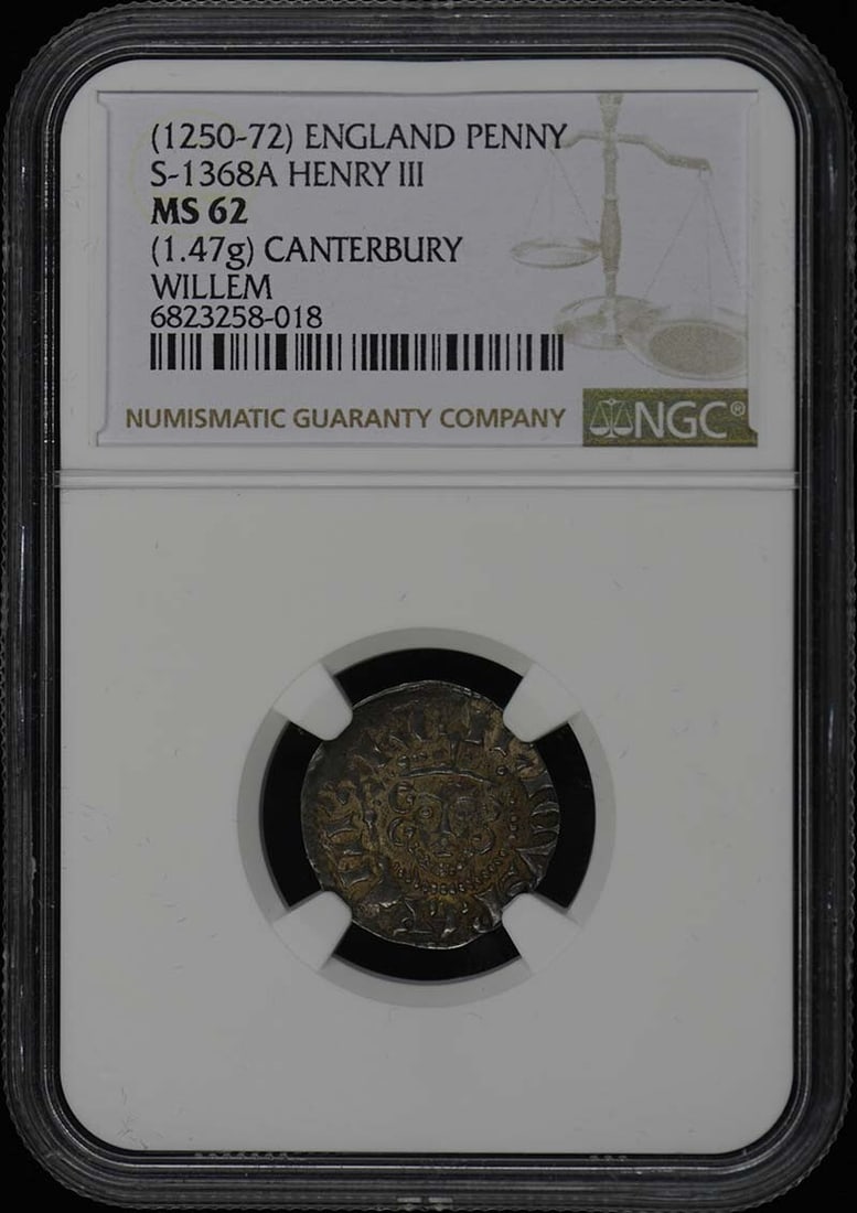 (1250-72) ENGLAND S-1368A HENRY III PENNY NGC MS62 Canterbury: (1250-72) ENGLAND S-1368A HENRY III PENNY NGC MS62 Canterbury This NGC MS62 England S-1368A Henry III Penny features a high level of preservation, showcasing its uncirculated condition. The coin bears