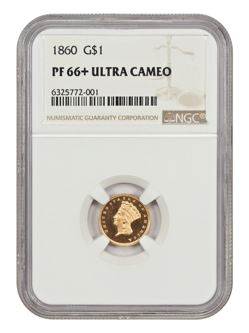1860 G$1 NGC PR66+DCAM - Gold Dollar: 1860 G$1 NGC PR66+DCAM - Gold Dollar NGC PR66+DCAM Gold Dollar (1860) - A high-grade, uncirculated example of the iconic $1 Gold Dollar, certified by the Numismatic Guaranty Corporation with a grade o