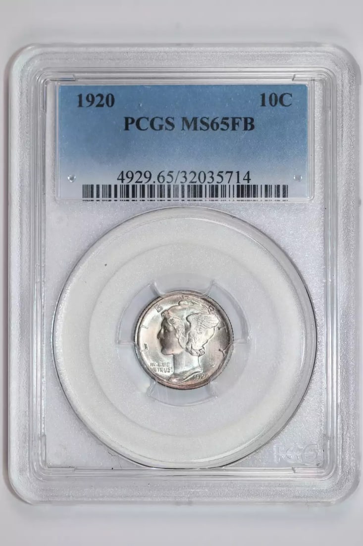 1920 MERCURY DIME PCGS MS65 FB PQ: 1920 MERCURY DIME PCGS MS65 FB PQ The 1920 Mercury dime, graded MS65 by PCGS, boasts exceptional silver content and a high level of preservation. Certified as Uncirculated, this coin showcases its pri