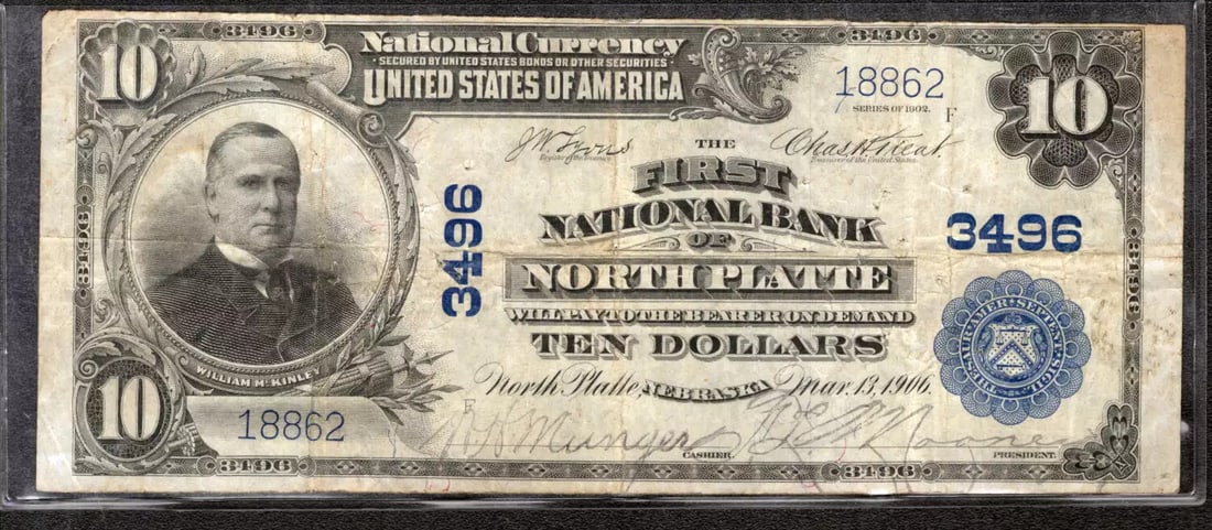 1902 10$ FIRST NATIONAL BANKNOTE CURRENCY NORTH PLATTE NEBRASKA FR.625 (862): 1902 10$ FIRST NATIONAL BANKNOTE CURRENCY NORTH PLATTE NEBRASKA FR.625 (862) Item Specifics: Certification: Uncertified Series Year: 1902 Year: 1902 Circulated/Uncirculated: Circulated Country: