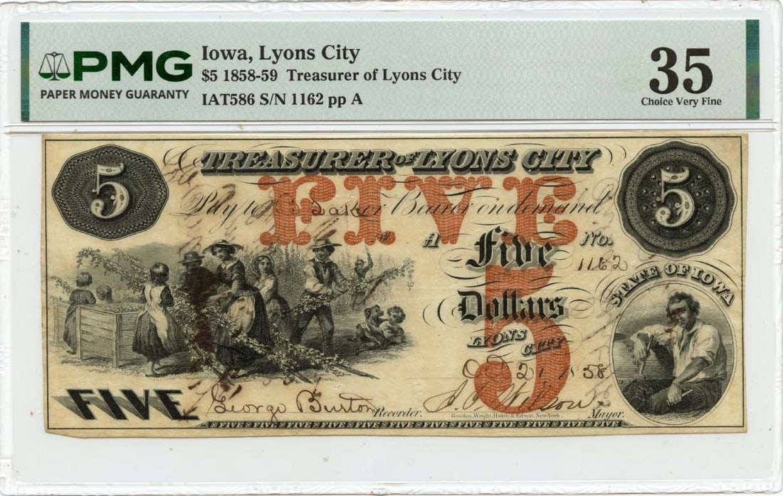 1858 $5 Lyons City, Iowa Obsolete Note Treasurer of Lyons City PMG VF35: 1858 $5 Lyons City, Iowa Obsolete Note Treasurer of Lyons City PMG VF35 The 1858 $5 Lyons City, Iowa Obsolete Note features a unique design and historical significance. This note bears the signature o