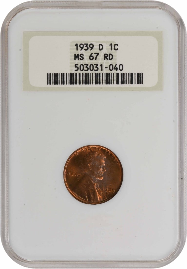 RPM1 MS67RD Lincoln Cent 1939-D: RPM1 MS67RD Lincoln Cent 1939-D MS67RD Lincoln Cent 1939-D features a high-grade, uncirculated condition with exceptional luster and minimal imperfections. Certified by NGC, this copper coin showcases