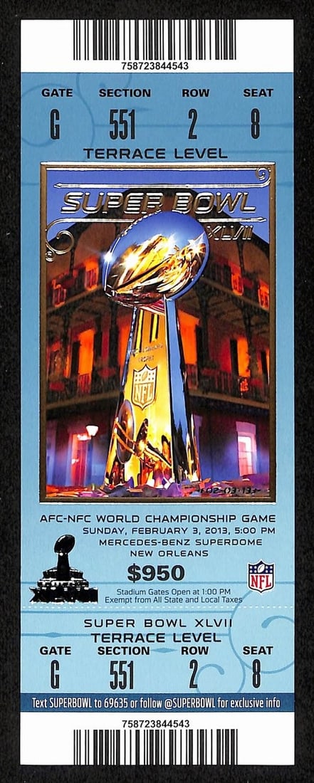 2013 Super Bowl XLVII 47 Full Unused Mint Authentic Ticket Ravens vs 49ers 98881: 2013 Super Bowl XLVII 47 Full Unused Mint Authentic Ticket Ravens vs 49ers 98881 Original 2013 Super Bowl XLVII ticket, mint condition, featuring the Ravens vs 49ers matchup. This full-sized ticket is