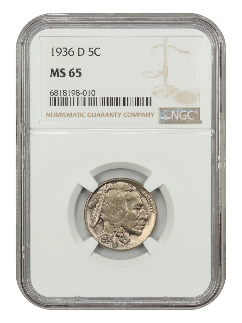 1936-D 5C NGC MS65: 1936-D 5C NGC MS65 The 1936-D Buffalo Nickel, graded MS65 by the NGC, boasts exceptional mint state condition with crisp details and minimal wear. Certified uncirculated, this coin showcases its origi
