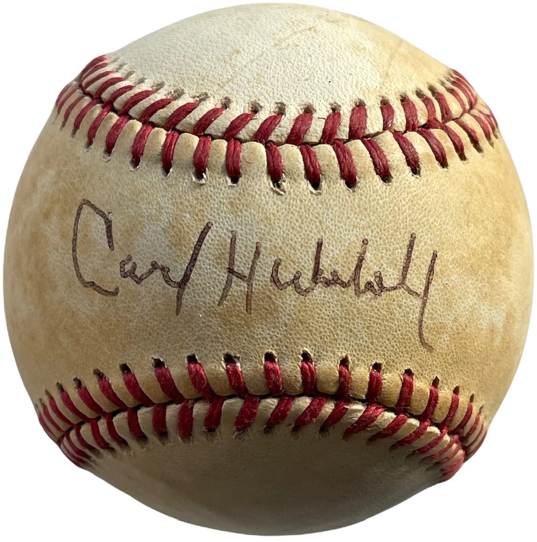 Carl Hubbell Autographed Official Baseball (JSA): Carl Hubbell Autographed Official Baseball (JSA) Carl Hubbell's blue pen signature across the sweet spot of an official National League Charles Feeney baseball, bearing the authentication of James Spe