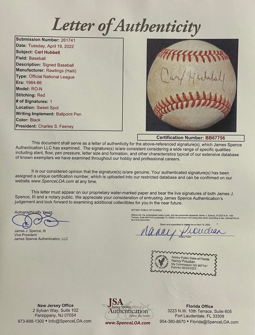 Carl Hubbell Autographed Official Baseball (JSA) - 3