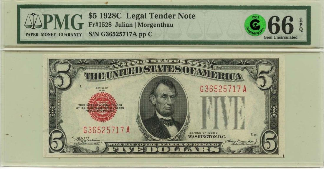 1928C $5 Legal Tender Note FR#1528 PMG GEM 66 EPQ GCC Green: 1928C $5 Legal Tender Note FR#1528 PMG GEM 66 EPQ GCC Green The 1928C $5 Legal Tender Note features a stunning GCC Green color, characteristic of circulated notes from the 1920s. Graded MS66 by PMG, t