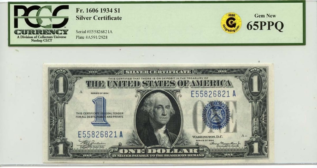 $1 Silver Certificate 1934 FR #1606 PCGS GEM 65 PPQ Gold: $1 Silver Certificate 1934 FR #1606 PCGS GEM 65 PPQ Gold The 1934 Silver Certificate, graded MS65 by PCGS, boasts exceptional preservation in uncirculated condition. This rare and highly detailed exam