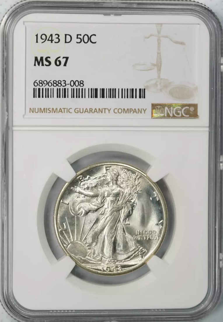 1943 D WALKING LIBERTY HALF DOLLAR 50C NGC CERTIFIED MS 67 MINT STATE UNC (008): 1943 D WALKING LIBERTY HALF DOLLAR 50C NGC CERTIFIED MS 67 MINT STATE UNC (008) The 1943 D Walking Liberty Half Dollar is a highly sought-after coin, and this NGC-certified MS 67 specimen is a rare fi