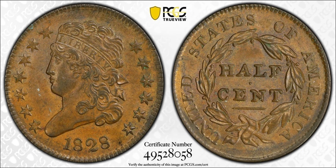 1828 HALF CENT 13 STARS PCGS MS62BN: 1828 HALF CENT 13 STARS PCGS MS62BN The 1828 Half Cent, graded MS62BN by PCGS, boasts a rich history as one of the earliest circulating coins in the United States. Bearing the distinctive 13-star patt