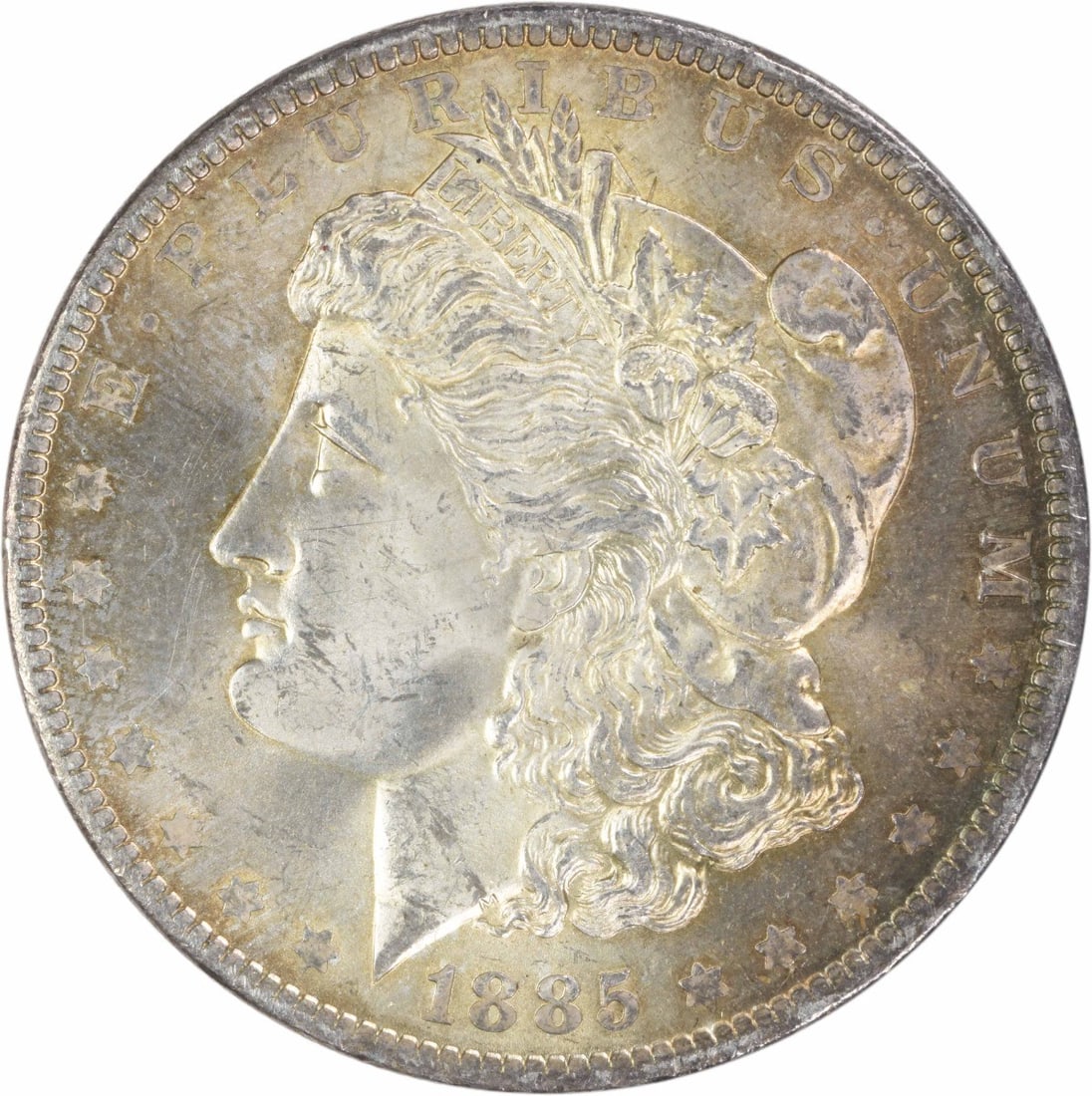 1885-O Morgan Silver Dollar Choice BU Toned Uncertified: 1885-O Morgan Silver Dollar Choice BU Toned Uncertified The 1885-O Morgan Silver Dollar features an MS63 grade, indicating a high level of quality and detail. This Uncirculated coin boasts a rich toni
