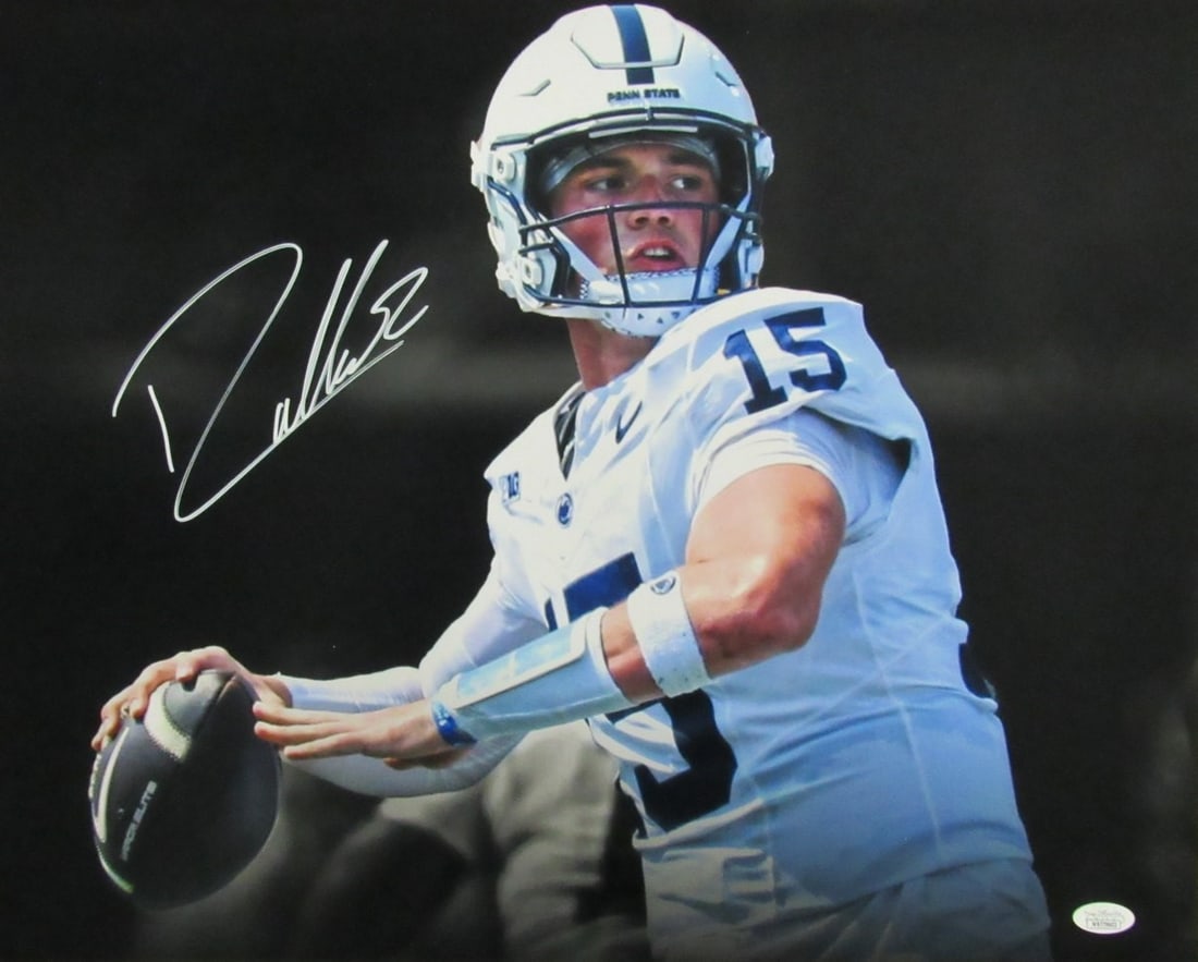 Penn State Autographed Photo Drew Allar 16x20 JSA: Penn State Autographed Photo Drew Allar 16x20 JSA Drew Allar, the legendary Penn State quarterback, has signed this impressive 16x20 photo. The James Spence Authentication (JSA) stamp ensures the auth