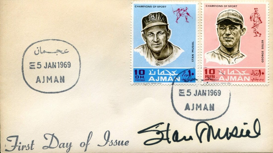 Musial Stan Autographed 1969 First Day Cover: Musial Stan Autographed 1969 First Day Cover Stan Musial's sharpie signature on the front of this 1969 First Day Cover stands out against its vintage design. The item bears a notable signature, accomp