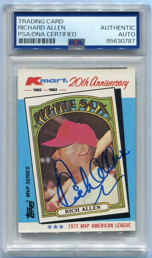 Dick Allen 1982 Topps KMart Autographed Card #21 PSA/ DNA Certified: Dick Allen 1982 Topps KMart Autographed Card #21 PSA/ DNA Certified Dick Allen's 1982 Topps card, certified by PSA/DNA as #21, features his autograph. The card is a piece of baseball history, bearing