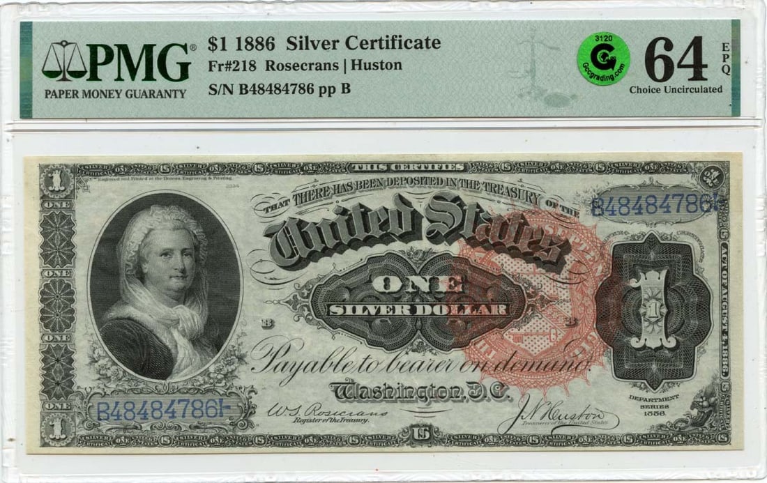 1886 $1 Silver Certificate FR#218 PMG CU64 EPQ Martha GCC Green: 1886 $1 Silver Certificate FR#218 PMG CU64 EPQ Martha GCC Green The 1886 $1 Silver Certificate FR#218 PMG CU64 EPQ Martha GCC Green is an uncirculated example from the early days of US currency, featu