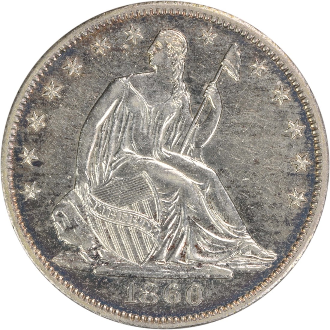 1860-O Liberty Seated Half Dollar AU Uncertified: 1860-O Liberty Seated Half Dollar AU Uncertified The 1860-O Liberty Seated Half Dollar features Thomas Sully's iconic design, with Christian Gobrecht's artistic touch evident in the coin's details. Th