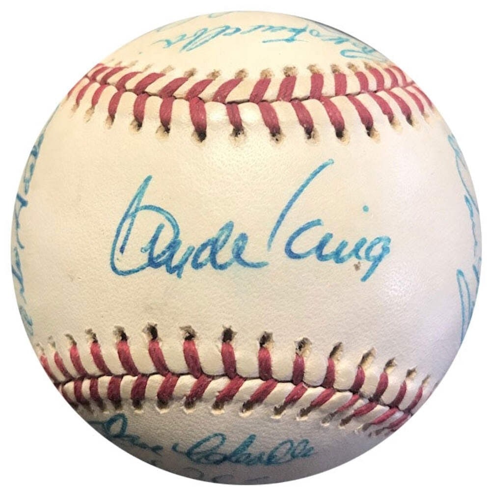 1970's Atlanta Braves Autographed Baseball: 1970's Atlanta Braves Autographed Baseball Signed in blue pen across all panels, this official National League Charles Feeney baseball bears the autographs of 19 notable Atlanta Braves players from th