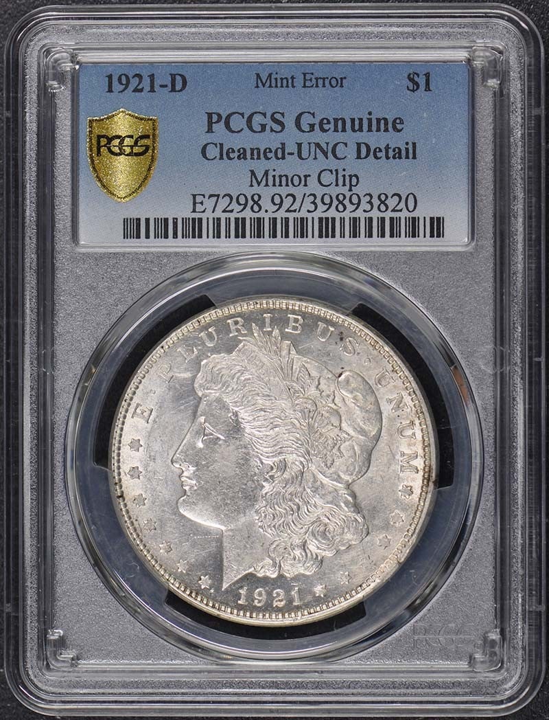 Morgan Dollar 1921-D PCGS Unc Detail Minor Clip Error: Morgan Dollar 1921-D PCGS Unc Detail Minor Clip Error The Morgan Dollar 1921-D PCGS Unc Detail Minor Clip Error features a unique minor clip error, making it an intriguing addition to any collection. 