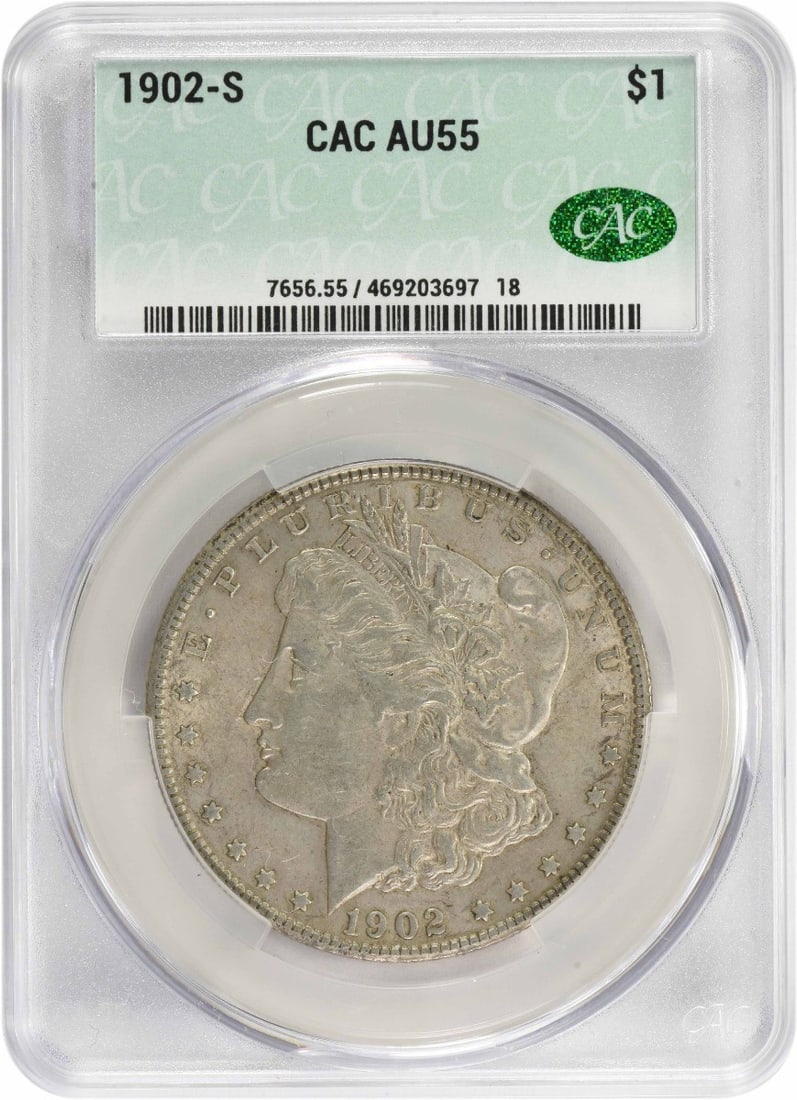 1902-S Morgan Silver Dollar AU55 CACG: 1902-S Morgan Silver Dollar AU55 CACG The 1902-S Morgan Silver Dollar features a striking reeded edge and a diameter of 38.10 millimeters, making it a notable collector's item. Certified by CACG as AU