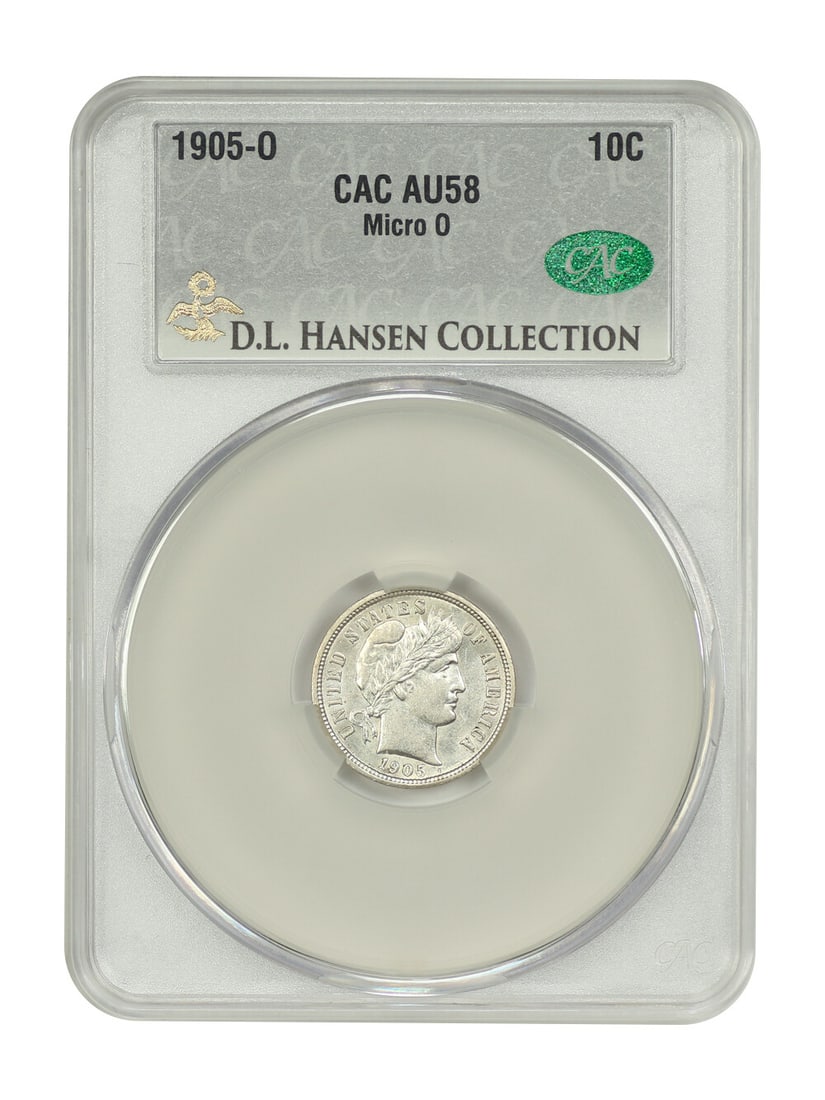 1905-O 10C CACG AU58 (Micro O) ex: D.L. Hansen - Barber Dime: 1905-O 10C CACG AU58 (Micro O) ex: D.L. Hansen - Barber Dime The 1905-O 10C CACG AU58 (Micro O) ex: D.L. Hansen Barber Dime boasts a striking Micro O mint mark, indicating it was produced at the New O