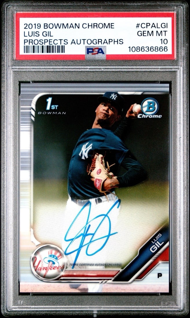 BOWMAN CHROME LUIS GIL 2019 1ST BOWMAN AUTO PSA 10: BOWMAN CHROME LUIS GIL 2019 1ST BOWMAN AUTO PSA 10 PSA 10 graded by Professional Sports Authenticator, this 2019 Bowman Chrome card features an autograph from Luis Gil. The hard signed card showcases 