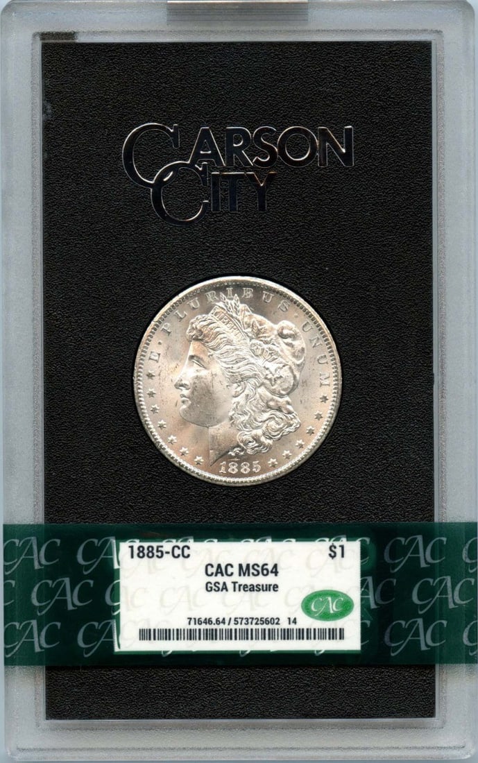 1885-CC Morgan Dollar $1 GSA Hoard CACG MS64 CAC: 1885-CC Morgan Dollar $1 GSA Hoard CACG MS64 CAC The 1885-CC Morgan Dollar $1 features a CACG Certification Number, Grade MS64, and is considered Uncirculated. This coin was minted in Carson City with