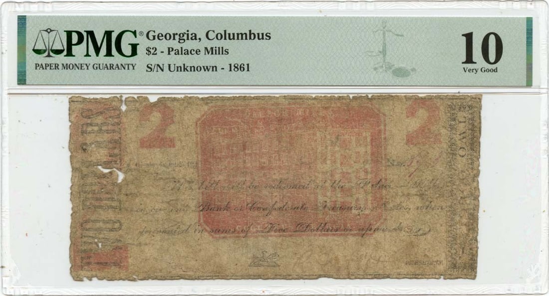 1861 $2 Columbus, Georgia Obsolete Note Palace Mills PMG VG10: 1861 $2 Columbus, Georgia Obsolete Note Palace Mills PMG VG10 This 1861 $2 Columbus, Georgia Obsolete Note features the Palace Mills vignette, a notable design element. Certified by PMG as VG10, it sh