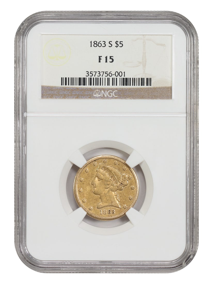1863-S $5 NGC Fine 15 - Liberty Head $5: 1863-S $5 NGC Fine 15 - Liberty Head $5 The 1863-S $5 Liberty Head $5 coin features a distinctive San Francisco mint mark, indicating it was produced in the city's renowned gold rush era. This circula