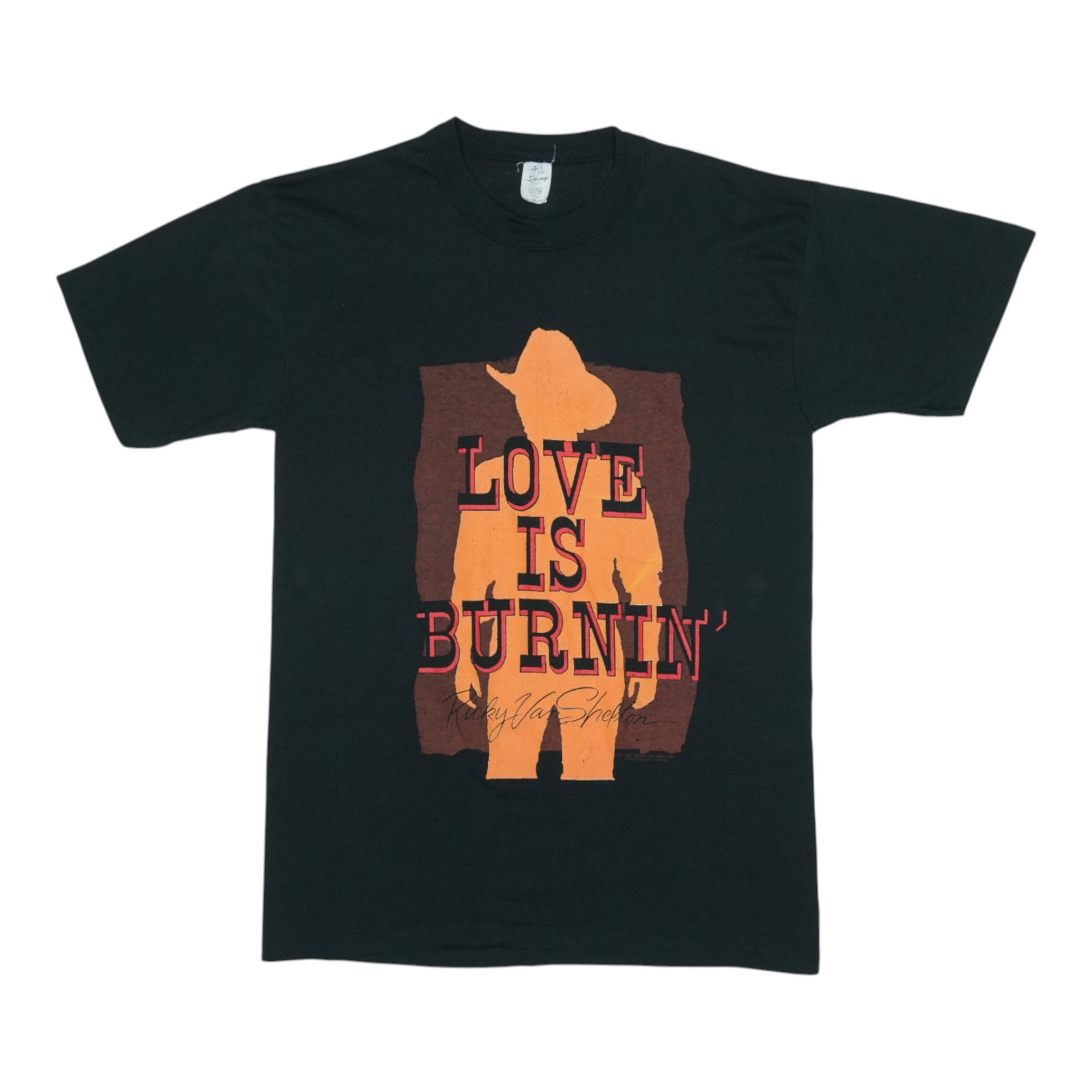 1990 Ricky Van Shelton Tour Shirt: 1990 Ricky Van Shelton Tour Shirt Large, black tour shirt from Ricky Van Shelton's 1990s era, featuring front and back graphics. Measuring 18 inches pit to pit and 27.25 inches collar to hem, this vin